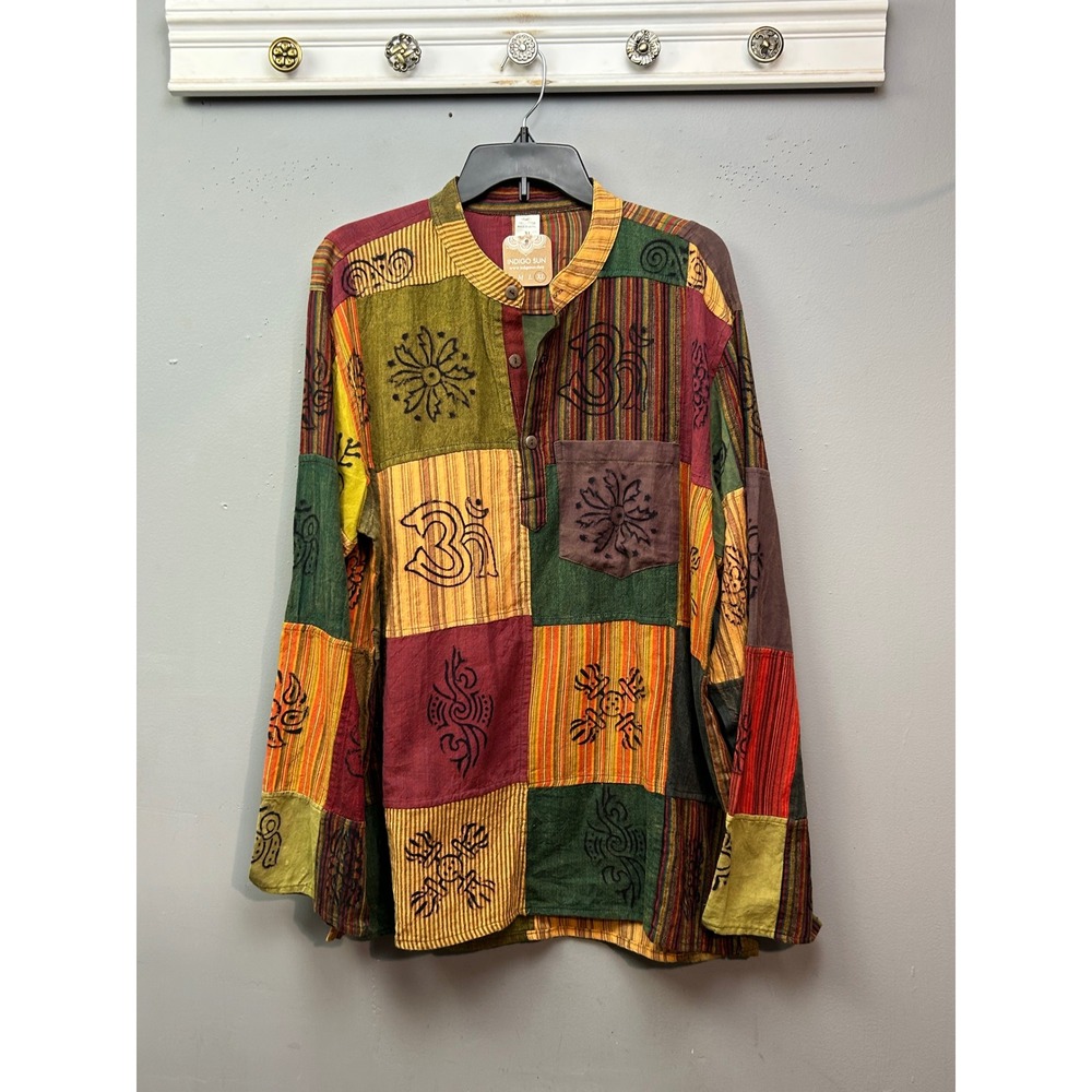 Indigo Sun Tunic‎ Top Womens XL Multi Patchwork Om Block Print Boho Cotton Nepal